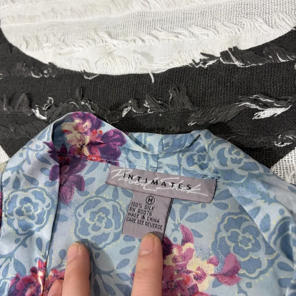 100% Silk Kimono Robe - M Blue Floral Boho Peasant Cottagecore Vacay Beachy - Picture 6 of 10